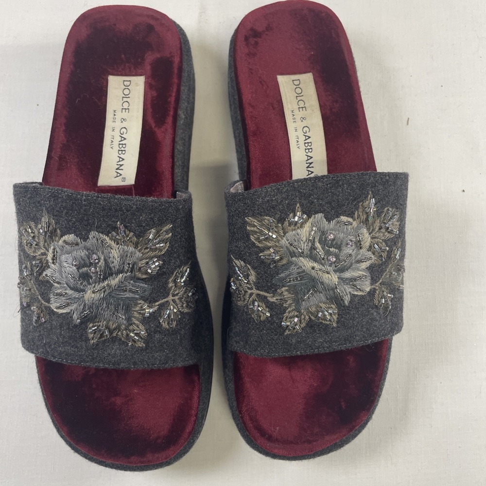 Vintage Dolce & Gabbana wine Velvet wedge slide Embroidery Beaded AUTHENTIC 38